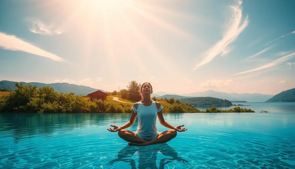 A serene landscape with a crystal-clear lake reflecting the sky. In the foreground, a person sits cross-legged, eyes closed, hands resting on their knees, exuding a sense of tranquility and mental clarity. Rays of warm, golden sunlight filter through wispy clouds, casting a soothing glow over the scene. In the middle ground, lush green foliage and a winding path lead to a modest wooden structure, suggesting a retreat or wellness center. The background features rolling hills and distant mountains, creating a sense of depth and vastness. The overall atmosphere is one of harmony, balance, and the rejuvenating power of nature and hydration.