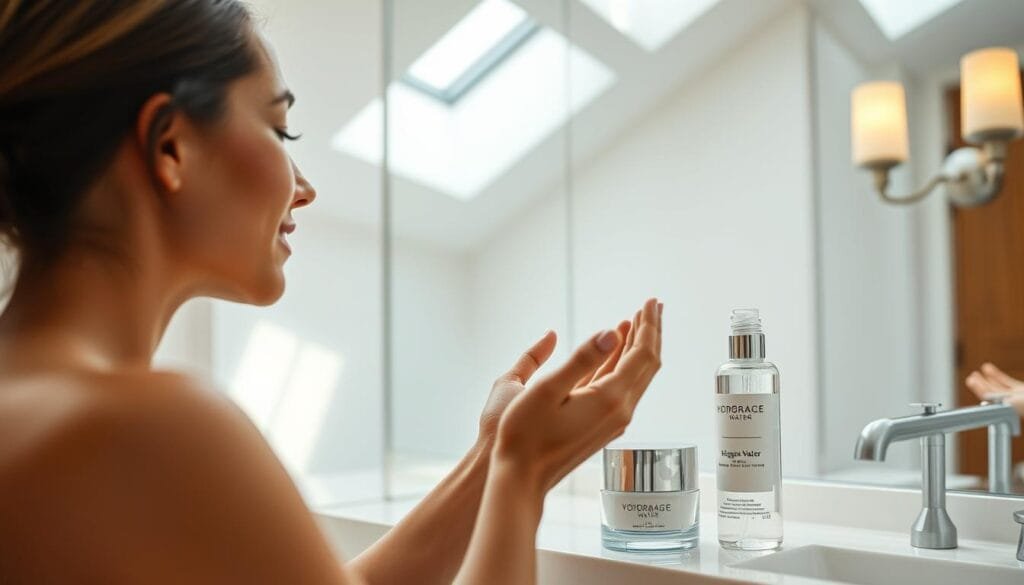 A serene, luminous bathroom setting with a sleek, minimalist aesthetic. In the foreground, a woman gently massages her face with her palms, her skin glowing with a healthy radiance. On the vanity, an assortment of hydrogen water-infused skincare products - a glass bottle, a luxurious cream, and a hydrating mist - arranged with care. Soft, diffused lighting from skylights and sconces creates a calming, spa-like atmosphere. The overall mood is one of tranquility and well-being, reflecting the nourishing benefits of incorporating hydrogen water into a thoughtful, pampering skincare routine.