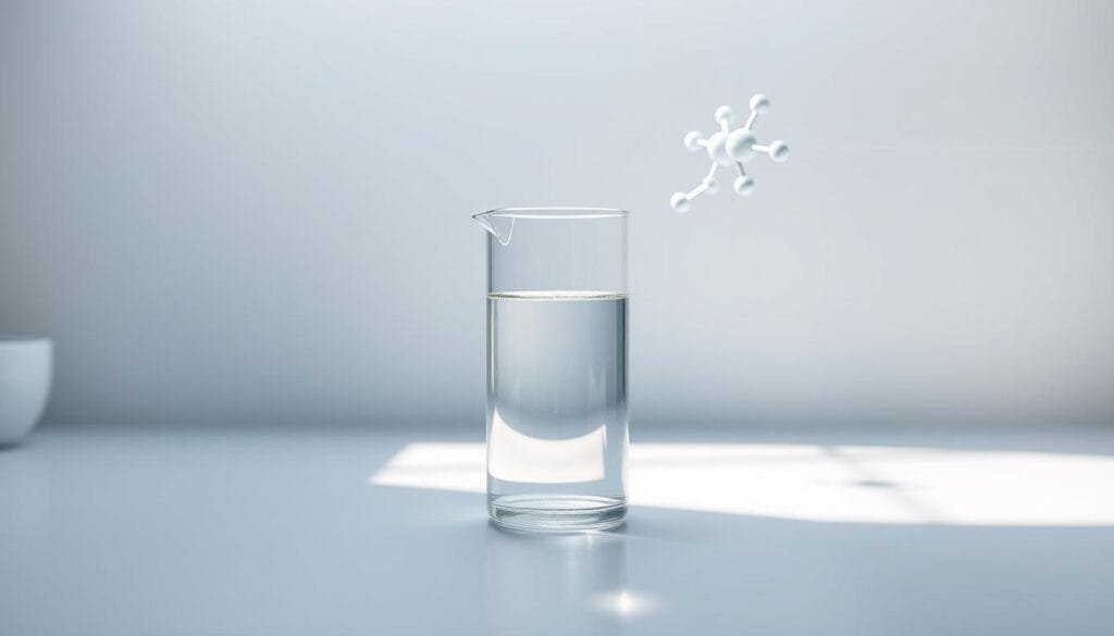 A serene, minimalist laboratory setting with a glass beaker filled with clear hydrogen-infused water at the center. Soft, diffused lighting illuminates the scene, casting gentle shadows and highlights that accentuate the liquid's translucent quality. In the background, a molecular model of the hydrogen molecule hovers, conveying the scientific concept of oxidative stress and the role of hydrogen in mitigating it. The overall tone is one of purity, clarity, and the intersection of science and wellness.