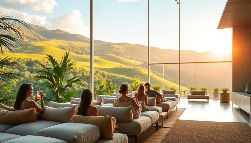 A serene, modern wellness center nestled in the lush, tropical landscape of Malaysia. In the foreground, a group of people relaxing on plush, minimalist furniture, enjoying a refreshing glass of hydrogen-rich water. The middle ground features an airy, open-concept lobby with clean lines and natural materials, while the background showcases the verdant, rolling hills outside, bathed in warm, golden sunlight filtering through large windows. The overall atmosphere exudes a sense of tranquility, wellness, and connection with nature, inviting visitors to immerse themselves in a holistic, rejuvenating experience.