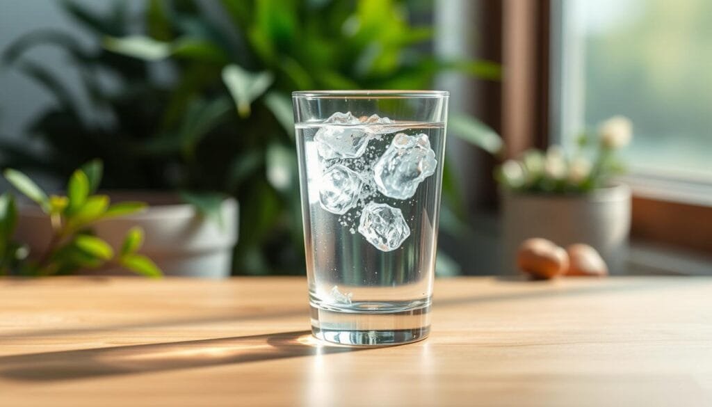 A serene scene of a glass filled with crystalline, hydrogen-infused water resting on a natural wood surface. The water's gentle bubbles refract the warm, indirect lighting, casting a soothing glow. In the background, lush greenery and soft-focus natural elements evoke a sense of holistic wellness. The composition emphasizes the purity and natural vitality of the hydrogen water, conveying its preventive health benefits through a calming, minimalist aesthetic.