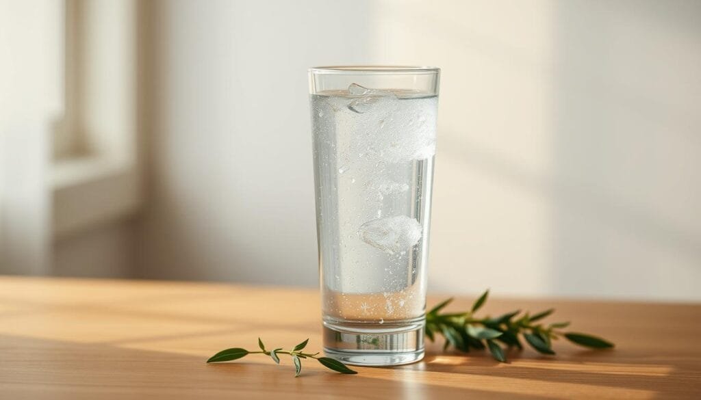 A serene scene of a glass of clear, effervescent hydrogen-infused water set against a soothing, minimalist background. Soft, natural lighting filters through a window, casting a warm, calming glow. The glass is positioned on a simple, wooden surface, complemented by a few scattered green leaves or herbs, hinting at the natural, restorative properties of the water. The overall atmosphere evokes a sense of tranquility and balance, reflecting the stress-reducing benefits of hydrogen water.