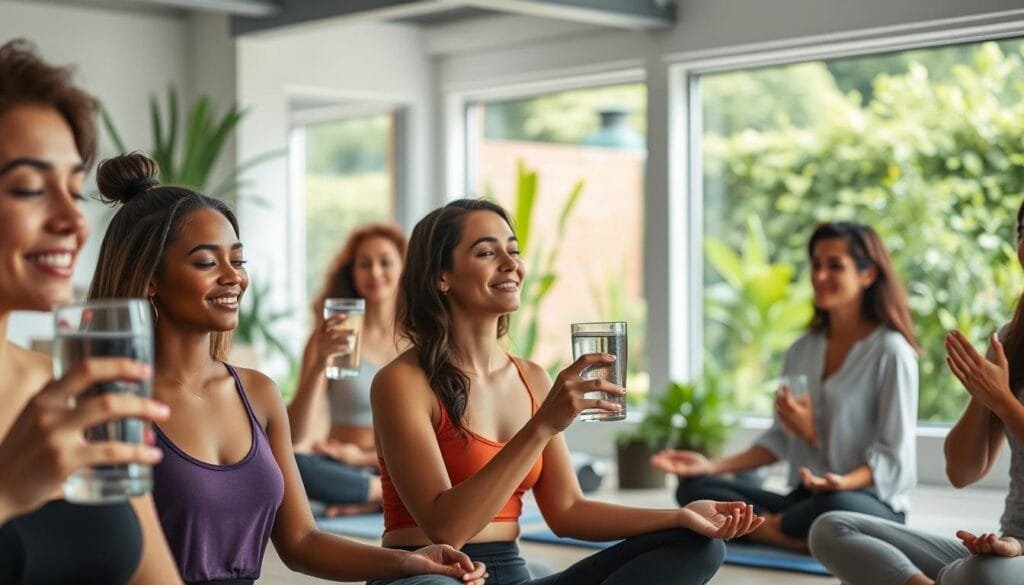 A serene scene showcasing the positive impact of wellness solutions on customer experiences. In the foreground, a group of diverse individuals sipping hydrogen water and engaged in relaxing activities - yoga, meditation, and mindful conversations. Their expressions radiate contentment and inner peace. The middle ground features a clean, modern wellness center with natural lighting filtering through large windows. In the background, a lush, verdant outdoor garden provides a tranquil backdrop, accentuating the sense of harmony and rejuvenation. The overall mood is calming, inviting, and reflective of the transformative power of wellness solutions.