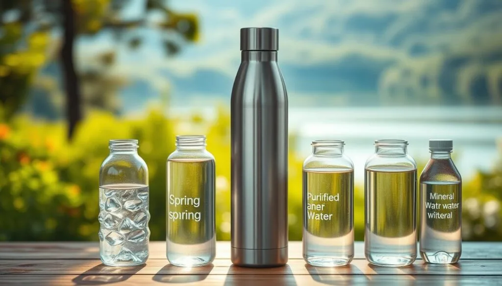 A serene still life composition showcasing various types of water for a hydrogen water bottle. In the foreground, an assortment of clear glass bottles filled with pristine spring water, purified water, and mineral water, arranged neatly on a wooden surface. The middle ground features a sleek, modern hydrogen water bottle, its metallic surface reflecting the light. In the background, a softly blurred natural landscape with lush greenery and a tranquil lake, conveying a sense of purity and well-being. The lighting is soft and warm, casting gentle shadows and highlighting the translucent qualities of the water. The overall mood is one of simplicity, clarity, and health-conscious awareness.