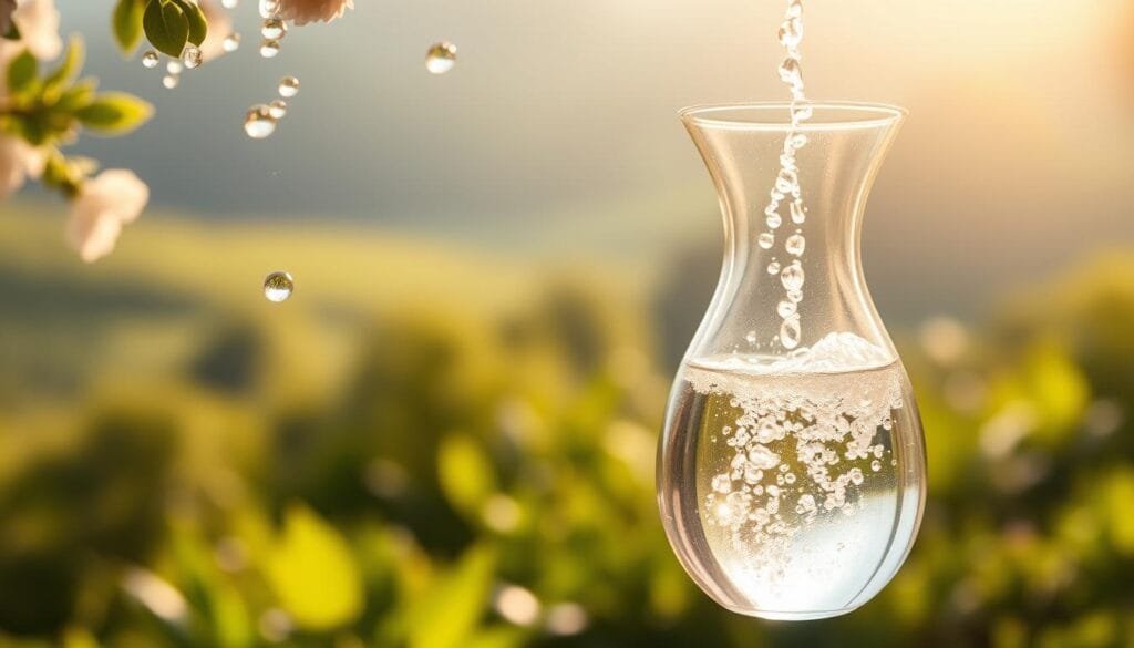 A serene, sun-dappled scene showcasing the wonders of hydrogen water for skin health. In the foreground, a closeup of healthy, glowing skin being hydrated by crystalline droplets of hydrogen-infused water. The middle ground features a delicate glass carafe of shimmering hydrogen water, its bubbles gently rising to the surface. In the background, a lush, verdant landscape with soothing natural tones and soft, diffused lighting, creating an atmosphere of tranquility and vitality. The overall composition emphasizes the purity, nourishment, and restorative power of hydrogen water for vibrant, radiant skin.