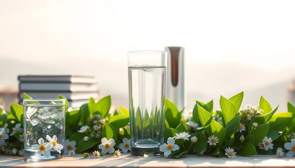 A serene, sunlit scene depicting the benefits of hydrogen water. In the foreground, a glass filled with crystal-clear water, surrounded by a lush array of vibrant green leaves and delicate flowers. In the middle ground, a stack of scientific journals and a sleek, modern water filter, hinting at the research and technology behind the product. The background features a calming, pastel-toned landscape, with rolling hills and a hazy, golden sky, evoking a sense of tranquility and wellness. The lighting is soft and diffused, creating a warm, inviting atmosphere that emphasizes the purity and restorative properties of the hydrogen water.