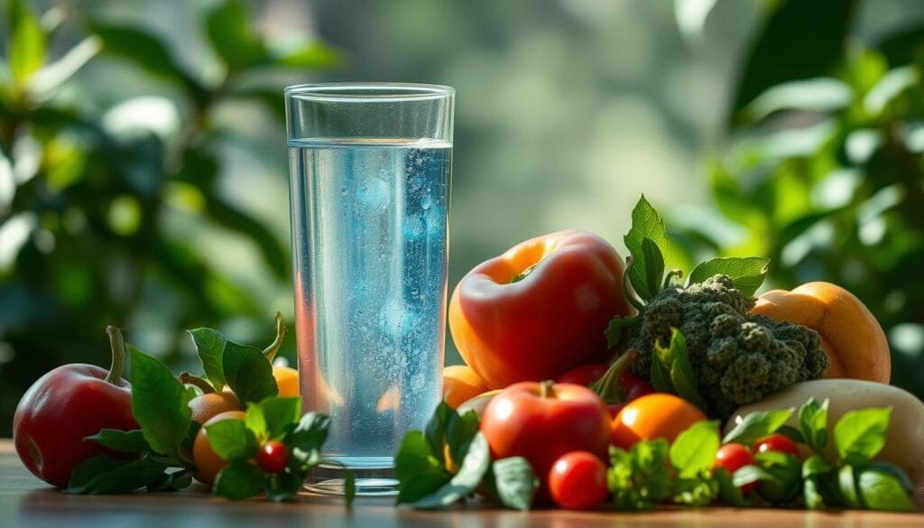A serene, tranquil scene of a glass of crystalline, glowing blue-tinged hydrogen-rich water set against a backdrop of lush, verdant foliage. The water's surface reflects the natural light, casting a soft, calming glow. In the foreground, an assortment of fresh, vibrant fruits and vegetables arrange themselves organically, hinting at the health benefits of hydrogen water. The lighting is soft, diffused, and natural, creating a sense of purity and wellness. The composition is balanced, with the elements arranged in a pleasing, symmetrical manner, inviting the viewer to bask in the restorative qualities of this unique, oxidant-rich beverage.