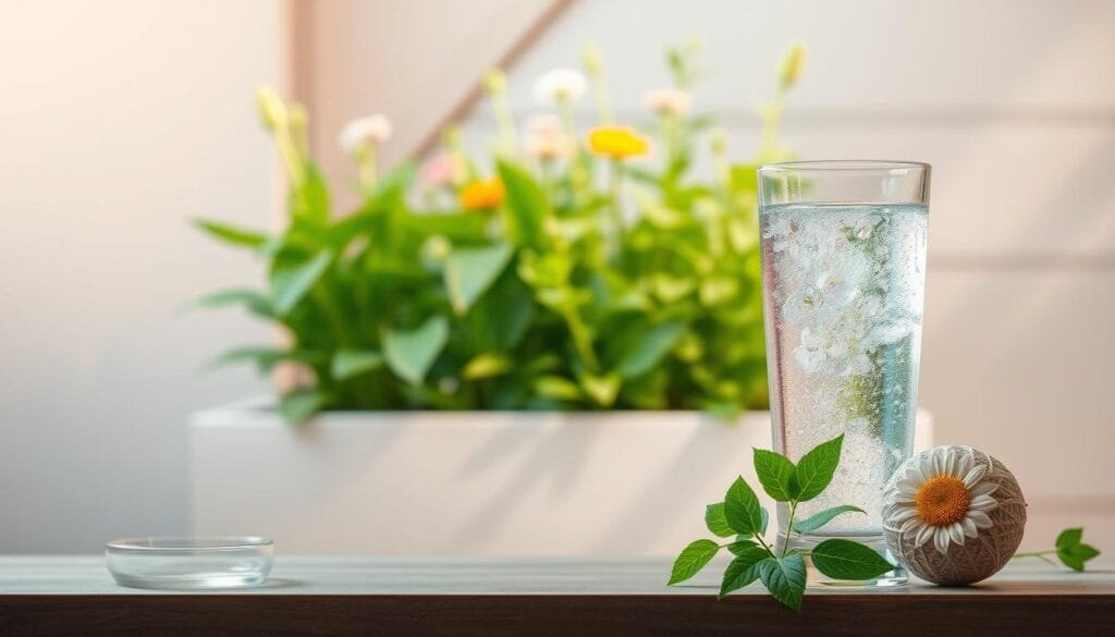A serene, tranquil setting showcasing the wellness concept for better health. In the foreground, a glass of clear, sparkling water - a symbol of purity and rejuvenation. The middle ground features a lush, verdant garden with vibrant, healthy plants and flowers, exuding a sense of balance and harmony. The background is bathed in soft, warm lighting, creating a calming, inviting atmosphere. Subtle geometric patterns and natural textures add depth and visual interest. The overall composition conveys a holistic approach to wellness, where the purity of water, the abundance of nature, and the harmony of the environment come together to promote a healthier, more fulfilling lifestyle.
