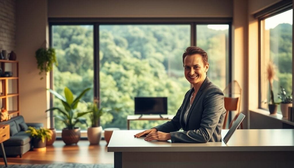A serene, well-appointed office space with a large window overlooking a lush, verdant landscape. In the foreground, a professional-looking person in business attire sits at a sleek, modern desk, their expression conveying a sense of expertise and confidence. Soft, warm lighting illuminates the scene, creating a cozy, inviting atmosphere. The background features stylized elements that suggest wellness and holistic living, such as potted plants, natural wood accents, and a minimalist, zen-inspired décor. The overall impression is one of trusted guidance, support, and a commitment to health and well-being.