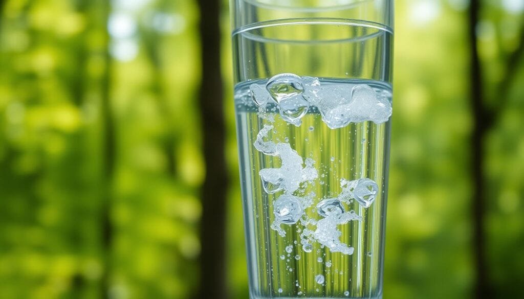 A serene, well-lit close-up of a glass filled with crystal clear water, gently bubbling with dissolved hydrogen. In the background, a vibrant and lush green forest scene reflects off the water's surface, creating a calming, natural atmosphere. The subject is framed to highlight the water's purity and the subtle, effervescent effect of the dissolved hydrogen. Soft, diffused lighting illuminates the scene, emphasizing the transparency and tranquility of the hydrogen-infused water. The overall mood evokes a sense of mental clarity, focus, and wellness, aligning with the benefits of hydrogen water for brain health.
