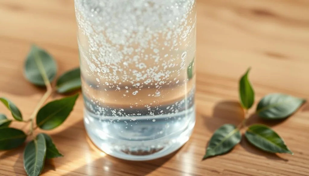 A serene, well-lit close-up view of a transparent glass bottle filled with shimmering, effervescent hydrogen-infused water. The bottle is placed on a wooden surface, casting a soft, natural shadow. The water's bubbles gently rise, creating a sense of refreshment and purity. The bottle's design features sleek, minimalist lines, conveying a modern, travel-friendly aesthetic. Surrounding the bottle are a few fresh green leaves, adding a touch of natural elegance. The overall scene exudes a sense of wellness, vitality, and the health benefits associated with hydrogen-enriched water. A serene, well-lit close-up view of a transparent glass bottle filled with shimmering, effervescent hydrogen-infused water. The bottle is placed on a wooden surface, casting a soft, natural shadow. The water's bubbles gently rise, creating a sense of refreshment and purity. The bottle's design features sleek, minimalist lines, conveying a modern, travel-friendly aesthetic. Surrounding the bottle are a few fresh green leaves, adding a touch of natural elegance. The overall scene exudes a sense of wellness, vitality, and the health benefits associated with hydrogen-enriched water.