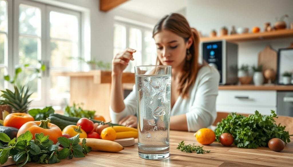 A serene, well-lit kitchen scene with a woman sitting at a wooden table, intently sipping from a glass of crystal-clear hydrogen-infused water. The foreground features the glass, water, and woman's hands, with a vibrant array of fresh fruits, vegetables, and herbs arranged around the table, conveying a sense of health and vitality. In the middle ground, a sleek, modern water dispenser stands on the counter, its LED display indicating the hydrogen content. The background showcases a bright, airy space with large windows, flooding the scene with natural light and a calming, earthy ambiance.