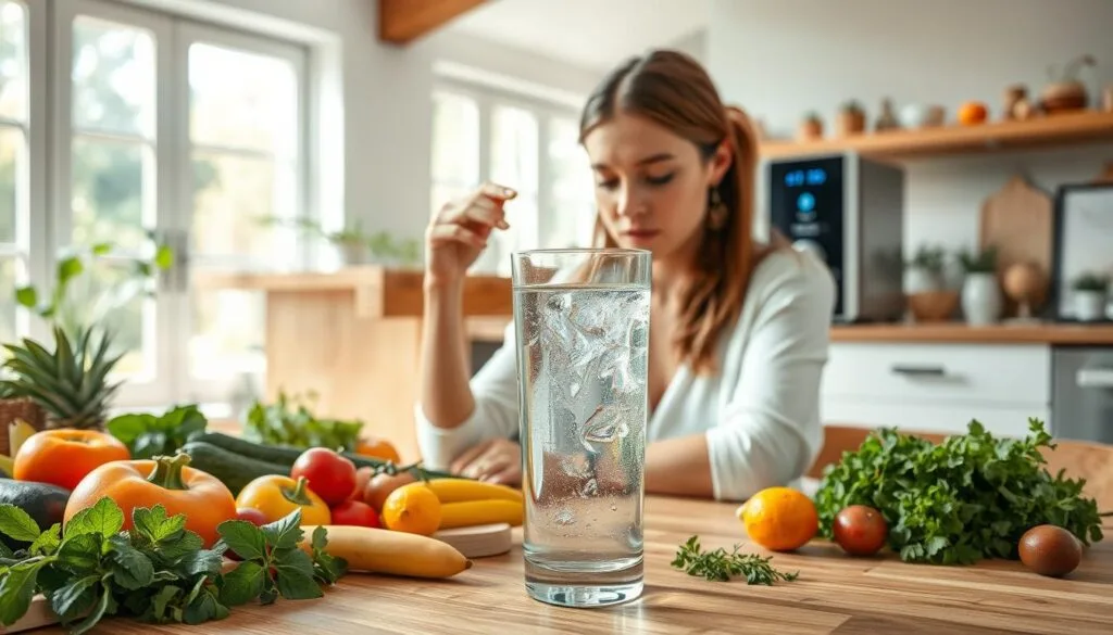 A serene, well-lit kitchen scene with a woman sitting at a wooden table, intently sipping from a glass of crystal-clear hydrogen-infused water. The foreground features the glass, water, and woman's hands, with a vibrant array of fresh fruits, vegetables, and herbs arranged around the table, conveying a sense of health and vitality. In the middle ground, a sleek, modern water dispenser stands on the counter, its LED display indicating the hydrogen content. The background showcases a bright, airy space with large windows, flooding the scene with natural light and a calming, earthy ambiance.
