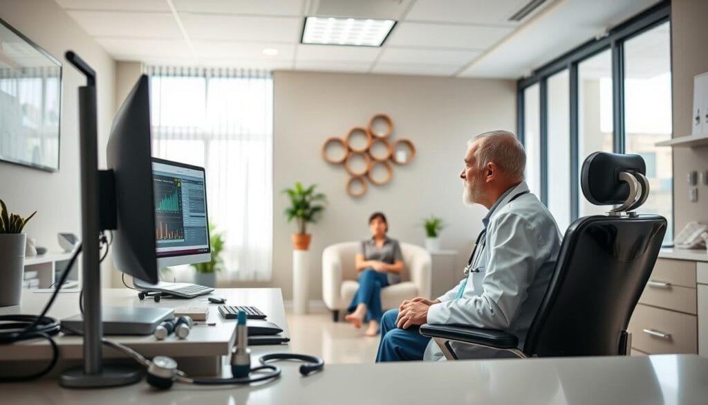 A serene, well-lit medical office setting with a focus on the "Metabolic Syndrome Management" concept. In the foreground, a doctor's desk with various medical instruments and a computer display showcasing relevant data and information. In the middle ground, a patient sitting comfortably, engaged in a discussion with the doctor. The background features a calming, neutral-toned wall decor and large windows allowing natural light to filter in, creating a warm and inviting atmosphere. The overall mood is one of professionalism, care, and a collaborative approach to addressing metabolic syndrome. The image should convey a sense of trust, expertise, and a holistic approach to patient care.