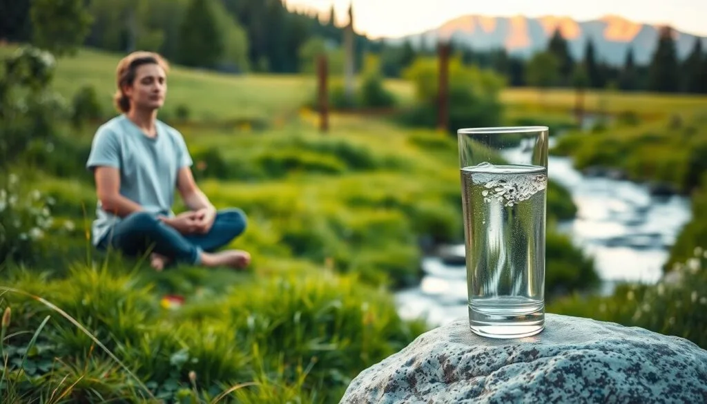 A serene, well-lit outdoor scene with a person sitting cross-legged, eyes closed, in a tranquil meadow surrounded by lush, vibrant greenery. In the foreground, a glass of crystal-clear hydrogen-infused water rests on a smooth rock, reflecting the natural beauty of the setting. The middle ground features a gentle stream meandering through the landscape, its soothing sounds adding to the calming atmosphere. In the background, a distant mountain range stands tall, its peaks bathed in warm, golden sunlight. The overall mood is one of peace, balance, and a harmonious connection between mental well-being and the restorative properties of hydrogen-rich water.