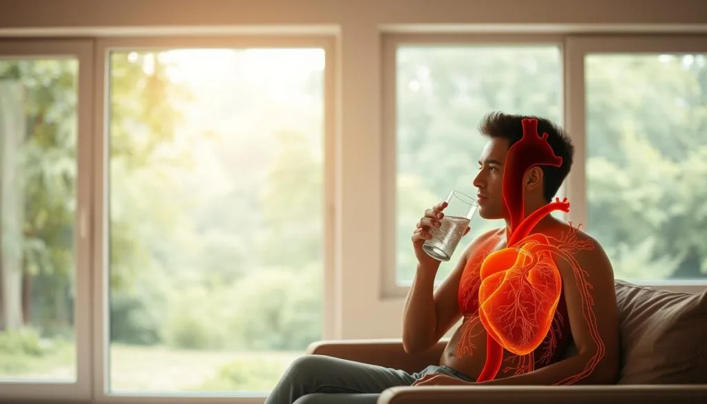 A serene, well-lit room with a large window overlooking a lush, verdant landscape. In the foreground, a person is seated comfortably, sipping from a glass of clear, sparkling water. The middle ground features a detailed anatomical diagram of the cardiovascular system, its intricate network of blood vessels and chambers highlighted in vibrant colors. In the background, a warm, muted palette evokes a sense of wellness and balance. The lighting is soft and diffused, creating a calming, contemplative atmosphere. The overall scene conveys the harmony between the human body and the natural world, highlighting the potential benefits of hydrogen-infused water for cardiovascular health.