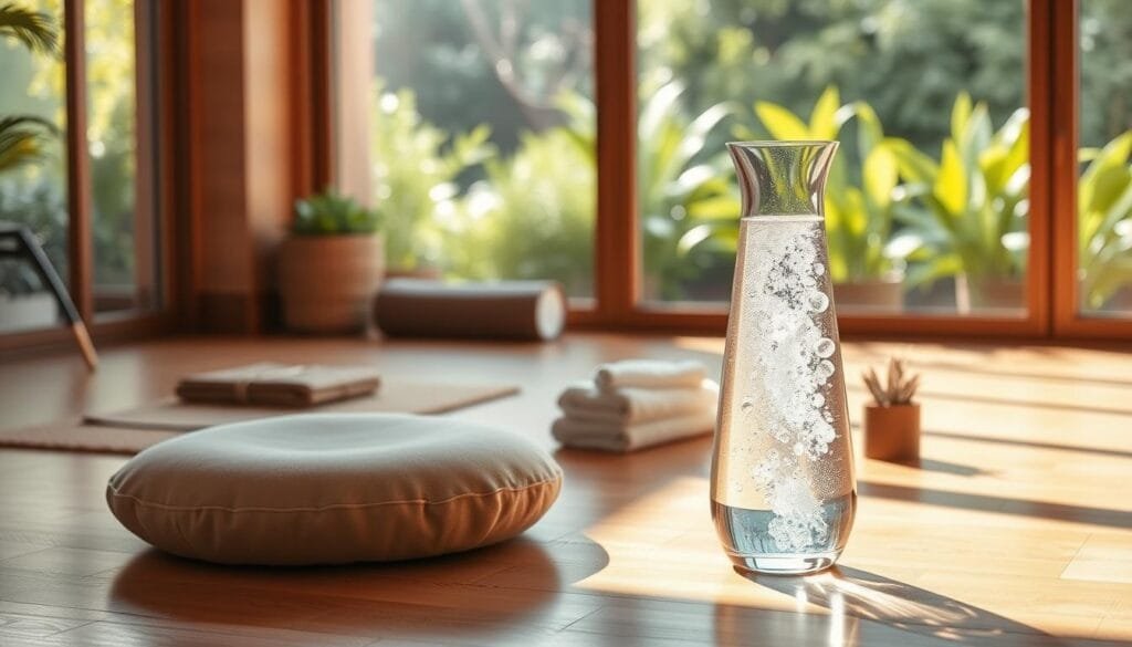 A serene wellness sanctuary bathed in warm, natural light. In the foreground, a zen-inspired meditation cushion sits upon a wooden floor, inviting introspection. The middle ground features a sleek glass carafe filled with crystalline hydrogen-infused water, its bubbles gently rising. Surrounding this, an assortment of wellness accessories: a bamboo mat, a stack of plush towels, and a small potted plant. In the background, a large window frames a lush outdoor garden, its verdant foliage swaying gently. The overall atmosphere is one of calm, balance, and holistic rejuvenation.
