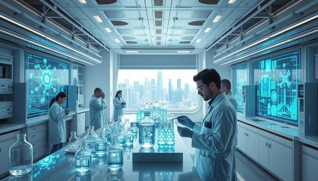 A sprawling futuristic laboratory filled with sleek, sophisticated scientific equipment. In the foreground, a team of researchers in white lab coats diligently examining samples of clear, glowing liquid - hydrogen water. The middle ground showcases towering holographic displays, illuminating complex molecular structures and data visualizations. In the background, a panoramic window offers a breathtaking view of a gleaming, high-tech cityscape, hinting at the broader societal impact of this revolutionary research. Soft, directional lighting casts an ethereal glow, creating an atmosphere of innovation and discovery. The overall scene conveys a sense of boundless potential as the researchers push the boundaries of hydrogen water technology.