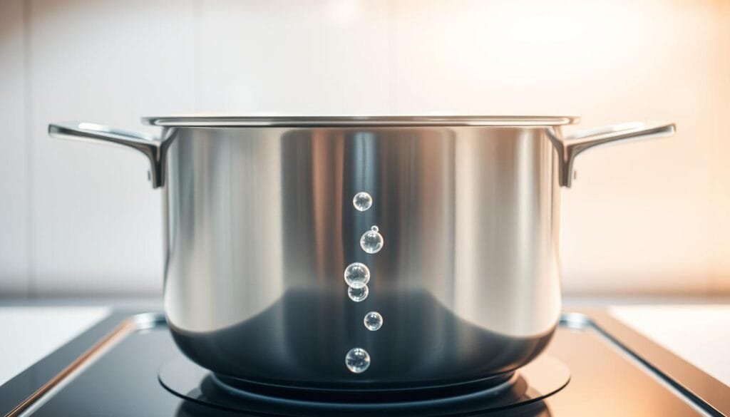 A stainless steel pot filled with clear water, placed atop a gleaming electric stovetop. Beams of bright, warm lighting illuminate the scene, casting soft shadows and highlights that accentuate the pot's metallic sheen. The water's surface is smooth and undisturbed, hinting at the subtle but powerful reaction waiting to unfold. In the foreground, a small cluster of hydrogen gas bubbles begin to rise and dance, signaling the start of the boiling process. The background is a clean, minimalist kitchen setting, allowing the focus to remain solely on the captivating transformation of the simple yet essential elements - water and hydrogen.