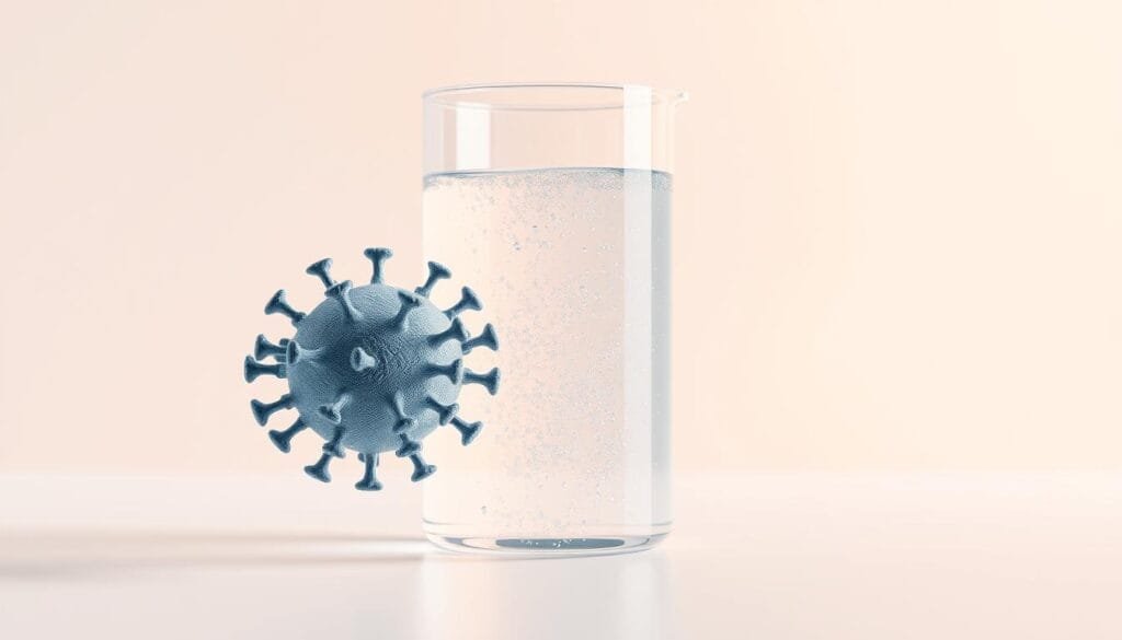 A stylized 3D rendering of a glass beaker filled with clear, sparkling water, set against a clean, minimalist backdrop. The water appears to be bubbling with tiny hydrogen gas particles, creating a sense of effervescence and vitality. The lighting is soft and warm, highlighting the translucent quality of the liquid. In the foreground, a microscopic depiction of the COVID-19 virus, rendered in a detailed, scientific style, floats suspended in the water, suggesting the potential healing properties of hydrogen-infused water. The overall composition conveys a sense of balance, innovation, and the intersection of science and wellness.