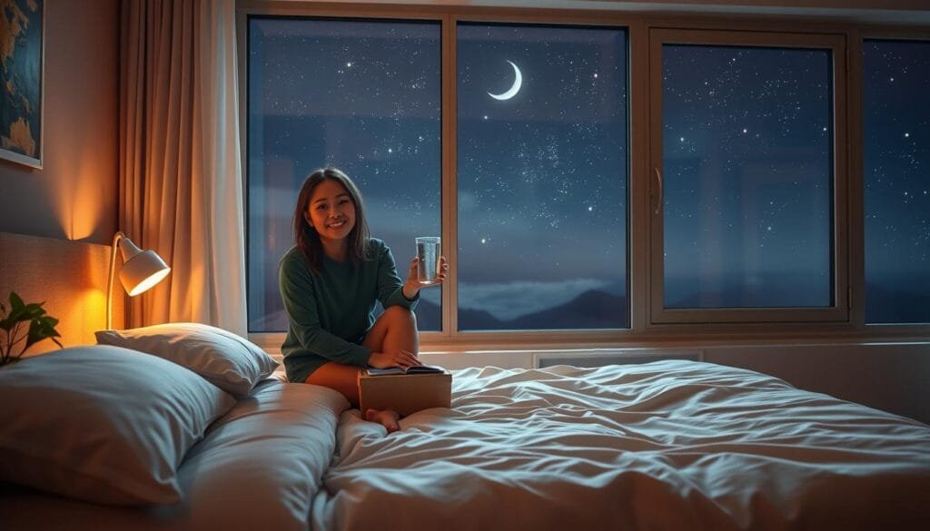A tranquil bedroom scene with soft, warm lighting. In the foreground, a person sits on the edge of a plush, inviting bed, holding a glass of crystal-clear water. Their expression is one of calm and relaxation. The middle ground features a bedside table with a reading lamp, a small potted plant, and a book. In the background, a large window overlooks a serene night sky, with twinkling stars and a crescent moon providing a serene ambiance. The overall atmosphere is cozy, peaceful, and conducive to a restful night's sleep.