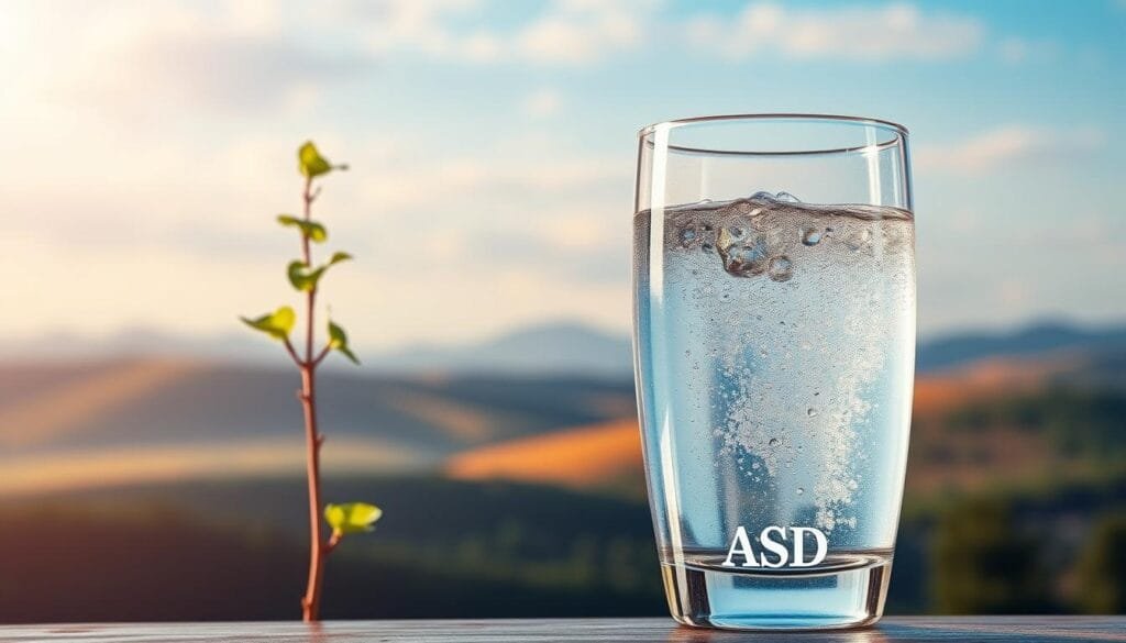 A vibrant and detailed scene depicting the benefits of hydrogen water for acid reflux. In the foreground, a crystal-clear glass of sparkling hydrogen-rich water, with tiny bubbles gently rising to the surface. In the middle ground, a healthy, thriving plant symbolizing the rejuvenating properties of the water. Behind it, a serene landscape with rolling hills, a calming sky, and soft, diffused lighting, conveying a sense of peace and tranquility. The overall mood is one of balance, wellness, and the restorative power of nature's remedies.