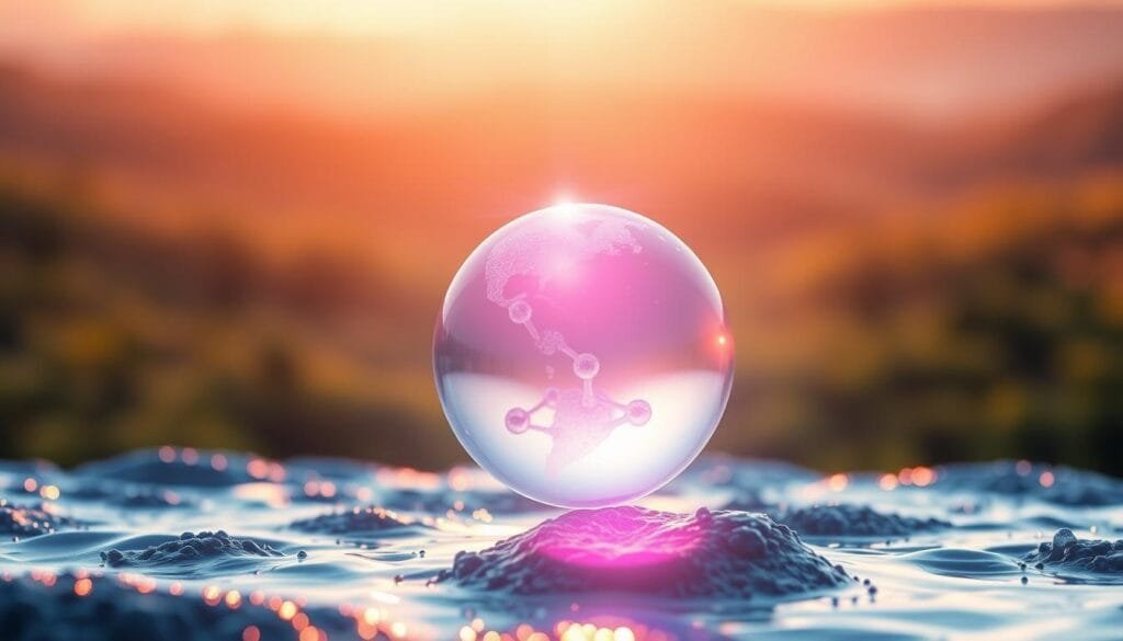 A vibrant and dynamic illustration depicting the antioxidant function of hydrogen water. In the foreground, a glowing sphere of light representing the powerful antioxidant properties of molecular hydrogen, bathed in warm, diffused lighting. In the middle ground, a microscopic view of cellular structures, showcasing the protective effects of hydrogen against oxidative stress and free radicals. The background features a subtly blurred landscape, conveying a sense of the natural, holistic benefits of hydrogen water. The overall composition strikes a balance between scientific precision and a visually captivating, almost ethereal aesthetic.