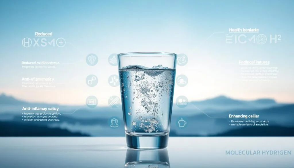 A vibrant and informative illustration showcasing the health benefits of molecular hydrogen. In the foreground, a clear glass of water with a delicate effervescence, symbolizing the active H2 molecules. Behind it, a collage of icons representing the various therapeutic effects - reduced oxidative stress, improved antioxidant status, anti-inflammatory properties, and enhanced cellular function. The background features a serene, minimalist landscape with soft lighting, creating a calming and research-oriented atmosphere. The overall composition conveys the science-backed wellness potential of hydrogen-rich water in a visually compelling manner. A vibrant and informative illustration showcasing the health benefits of molecular hydrogen. In the foreground, a clear glass of water with a delicate effervescence, symbolizing the active H2 molecules. Behind it, a collage of icons representing the various therapeutic effects - reduced oxidative stress, improved antioxidant status, anti-inflammatory properties, and enhanced cellular function. The background features a serene, minimalist landscape with soft lighting, creating a calming and research-oriented atmosphere. The overall composition conveys the science-backed wellness potential of hydrogen-rich water in a visually compelling manner.