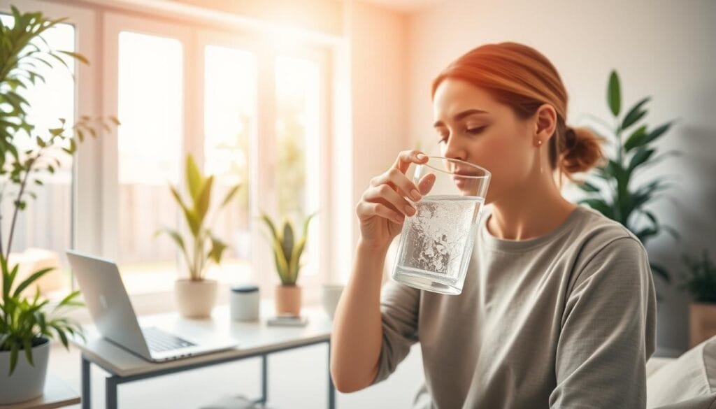 A vibrant and serene daily routine with hydrogen water. In the foreground, a person diligently sipping from a glass of crystal-clear, effervescent hydrogen-infused water, surrounded by lush greenery and natural light pouring in through large windows. In the middle ground, a tidy workspace with a laptop, a potted plant, and a small water ionizer device, all bathed in a soft, warm glow. In the background, a minimalist, calming home interior with muted colors and natural textures, creating a tranquil atmosphere conducive to wellness and relaxation. The lighting is soft and diffused, lending a sense of serenity to the scene. Captured with a wide-angle lens to convey a sense of spaciousness and balance.