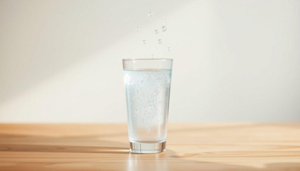 A vibrant and serene scene showcasing the health benefits of hydrogen water. In the foreground, a crystal-clear glass filled with sparkling, effervescent water, casting a soft, ethereal glow. Hovering around the glass, delicate hydrogen bubbles dance and rise, symbolizing the active, rejuvenating properties of this remarkable liquid. The middle ground features a tranquil, minimalist background, perhaps a simple wooden table or a pale, calming color palette, allowing the star of the image - the hydrogen water - to take center stage. Warm, natural lighting bathes the scene, creating a serene and inviting atmosphere that conveys the overall wellness and stress-relieving qualities of this remarkable elixir.
