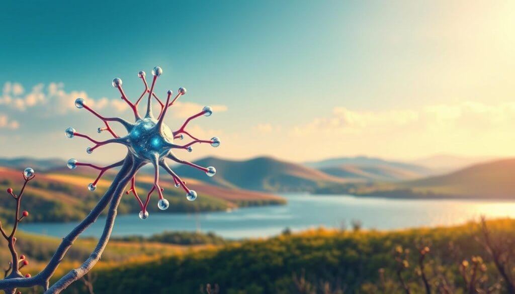 A vibrant, detailed illustration depicting the neuroprotective benefits of hydrogen water. In the foreground, a stylized neuron surrounded by a halo of hydrogen molecules, symbolizing the antioxidant and cell-protective properties. In the middle ground, a neural network with healthy, vibrant connections, conveying the restorative effects on brain function. In the background, a soothing, serene landscape of rolling hills and a tranquil, glimmering lake, evoking a sense of calm and mental well-being. Warm, natural lighting casts a soft glow, while a slightly wide-angle lens captures the scene with a sense of depth and scale. The overall mood is one of scientific insight, natural harmony, and the power of hydrogen water to support neurological health.