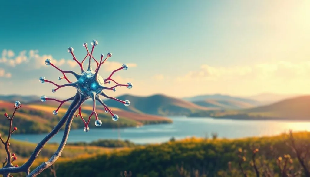 A vibrant, detailed illustration depicting the neuroprotective benefits of hydrogen water. In the foreground, a stylized neuron surrounded by a halo of hydrogen molecules, symbolizing the antioxidant and cell-protective properties. In the middle ground, a neural network with healthy, vibrant connections, conveying the restorative effects on brain function. In the background, a soothing, serene landscape of rolling hills and a tranquil, glimmering lake, evoking a sense of calm and mental well-being. Warm, natural lighting casts a soft glow, while a slightly wide-angle lens captures the scene with a sense of depth and scale. The overall mood is one of scientific insight, natural harmony, and the power of hydrogen water to support neurological health. A vibrant, detailed illustration depicting the neuroprotective benefits of hydrogen water. In the foreground, a stylized neuron surrounded by a halo of hydrogen molecules, symbolizing the antioxidant and cell-protective properties. In the middle ground, a neural network with healthy, vibrant connections, conveying the restorative effects on brain function. In the background, a soothing, serene landscape of rolling hills and a tranquil, glimmering lake, evoking a sense of calm and mental well-being. Warm, natural lighting casts a soft glow, while a slightly wide-angle lens captures the scene with a sense of depth and scale. The overall mood is one of scientific insight, natural harmony, and the power of hydrogen water to support neurological health.