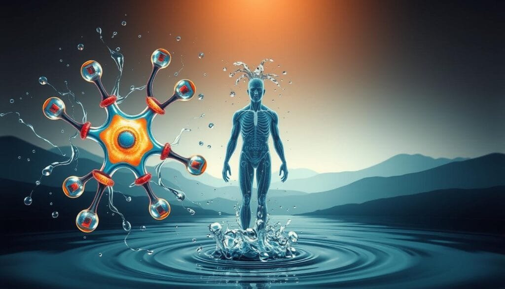 A vibrant, detailed illustration showcasing the interplay between oxidative stress and hydration. In the foreground, a stylized molecular structure representing reactive oxygen species, surrounded by a dynamic swirl of energy. In the middle ground, a human figure, rendered in abstract anatomical detail, symbolizing the body's physiological processes. Cascading water droplets flow around the figure, depicting the restorative effects of hydration. The background features a muted, ethereal landscape, bathed in soft, diffused lighting that evokes a sense of tranquility and balance. Subtle gradients and textural elements add depth and visual interest, creating an impactful, visually compelling representation of the relationship between oxidative stress and the importance of proper hydration.