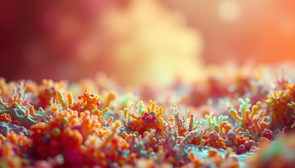 A vibrant microscopic landscape, illuminated by soft, diffused lighting that casts a warm, inviting glow. In the foreground, clusters of diverse, beneficial bacteria thrive, their intricate shapes and vibrant colors creating a mesmerizing tapestry. In the middle ground, these microorganisms interact with each other, forming a delicate, symbiotic ecosystem. The background is hazy, suggesting the vastness of the human gut microbiome, teeming with unseen life. The composition is balanced and harmonious, conveying the importance of maintaining a healthy, balanced gut flora through the introduction of hydrogen-rich water. The overall mood is one of wonder and appreciation for the invisible world within us.