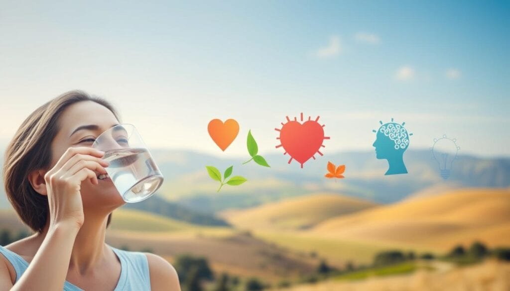 A vibrant, serene scene depicting the diverse health benefits of hydrogen water beyond just cholesterol reduction. In the foreground, a person enjoying a refreshing glass of hydrogen-infused water, their expression one of calm and vitality. In the middle ground, an array of natural elements symbolizing the broader wellness effects - a healthy heart, glowing skin, and a balanced mind. The background features a tranquil landscape with rolling hills, a clear blue sky, and a soft, diffused lighting creating a sense of serenity and wellbeing. The overall composition conveys the idea that hydrogen water can support comprehensive health and longevity, going far beyond its impact on cholesterol levels.