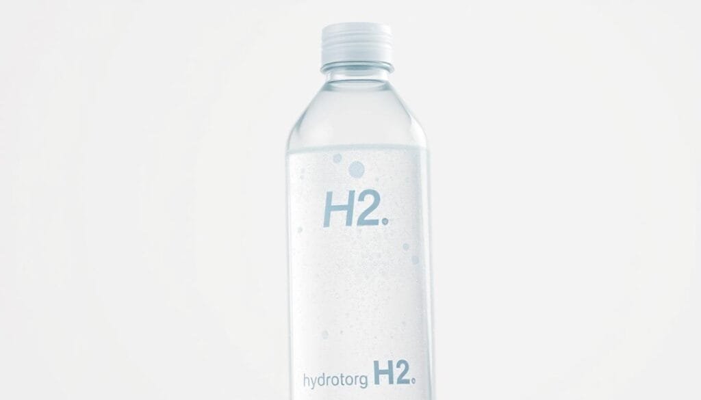 A well-lit, close-up photograph of a hydrogen water bottle filled with clear, sparkling water against a clean, white background. The bottle has a sleek, minimalist design with a prominent H2 logo, conveying the benefits of hydrogen-infused water. The lighting is soft and diffused, creating a tranquil, wellness-inspired atmosphere. The water appears refreshing and vibrant, reflecting the healthy, hydrating properties of hydrogen water. The image captures the essence of why someone would choose a hydrogen generator water bottle as part of their wellness routine.