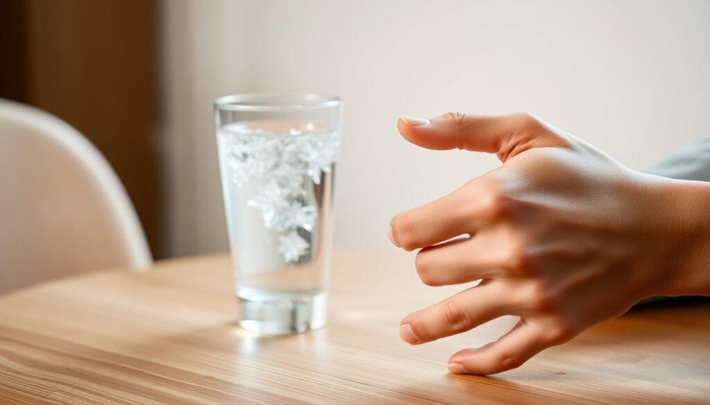 A well-lit, close-up photograph of a person's hands and wrists, showcasing improved joint flexibility and dexterity. The fingers are gracefully moving, demonstrating a range of motion with ease. The skin appears supple and hydrated, with a healthy glow. In the background, a glass of clear, sparkling water sits on a minimalist, wooden table, symbolizing the nourishing properties of hydrogen-rich water. The overall composition conveys a sense of harmony, wellness, and the restorative power of hydration for joint health.