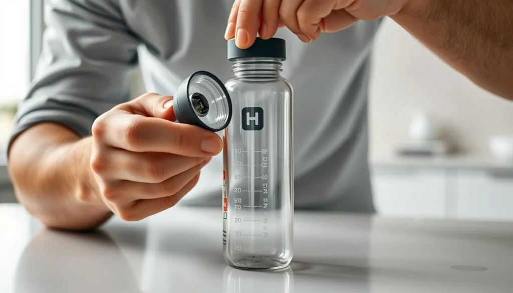 A well-lit, close-up view of a person performing routine maintenance on a hydrogen generator water bottle. The foreground shows the person's hands carefully unscrewing the bottle cap, revealing the internal components. The middle ground displays the BPA-free water bottle with its sleek, minimalist design. The background showcases a clean, modern workspace with neutral-toned surfaces, providing a sense of order and professionalism. The lighting is soft and even, highlighting the details of the maintenance process and the high-quality materials of the water bottle. The overall mood is one of care, precision, and a focus on wellness and sustainability.