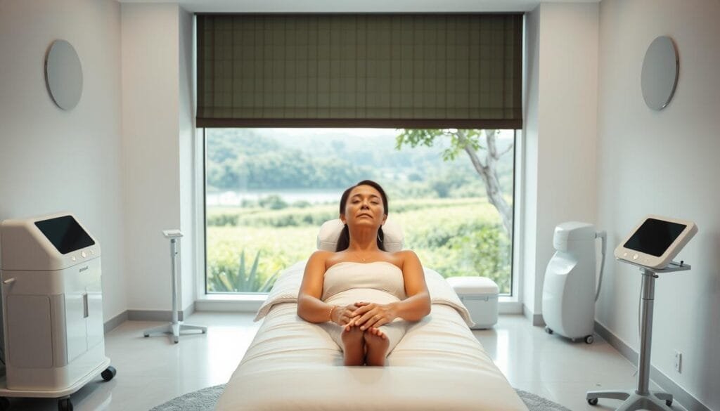 A well-lit, high-resolution image of a bright, modern treatment room with sleek, minimalist design. In the foreground, a person is seated comfortably on a padded treatment table, undergoing a hydrogen water therapy session. The skin on their face and hands appears rejuvenated and glowing. Surrounding the table are various hydrogen water treatment devices, including a specialized hydrogen water dispenser and other medical-grade equipment. In the background, a large window overlooks a verdant, serene outdoor landscape, creating a calming, spa-like atmosphere. The lighting is soft and diffused, highlighting the tranquil ambiance of the space.