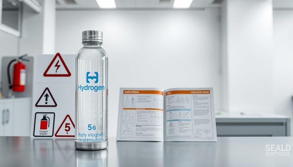 A well-lit, high-resolution photograph of a hydrogen water bottle with various safety precautions displayed around it. In the foreground, the bottle is positioned prominently, with its sleek, modern design and prominent "Hydrogen" branding. Surrounding the bottle are a series of safety icons and pictograms, such as a hazard symbol, a fire extinguisher, and a warning about not exposing the bottle to high temperatures. In the middle ground, there is a clear, informative instruction manual open, with diagrams and text explaining the proper handling and storage of the hydrogen water bottle. In the background, a clean, minimalist laboratory or industrial setting, with subtle lighting and a sense of professionalism and attention to detail.