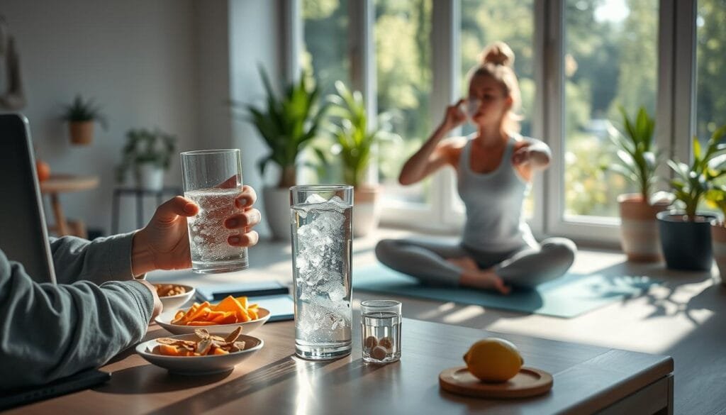 A well-lit, high-resolution photograph showcasing a person's daily routine incorporating hydrogen-rich water. In the foreground, a person is seated at a desk, holding a glass of clear, bubbly water. Nearby, an assortment of healthy snacks and a laptop suggest a productive workday. In the middle ground, the person is shown exercising on a yoga mat, sipping from the same glass of water. The background depicts a serene, nature-inspired setting, with potted plants and sunlight streaming through large windows. The overall atmosphere is calming and rejuvenating, reflecting the wellness benefits of hydrogen-rich water.