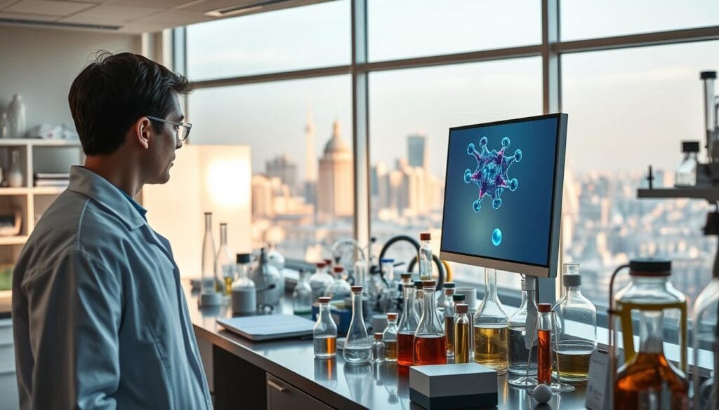A well-lit laboratory workspace filled with scientific equipment and glassware. In the foreground, a researcher in a white lab coat is examining a molecular model displayed on a computer screen. In the middle ground, various test tubes, beakers, and other apparatus are arranged on a polished metal lab bench. The background features a large window overlooking a cityscape, bathed in warm, natural light. The overall atmosphere conveys a sense of focused, innovative research into molecular therapies.