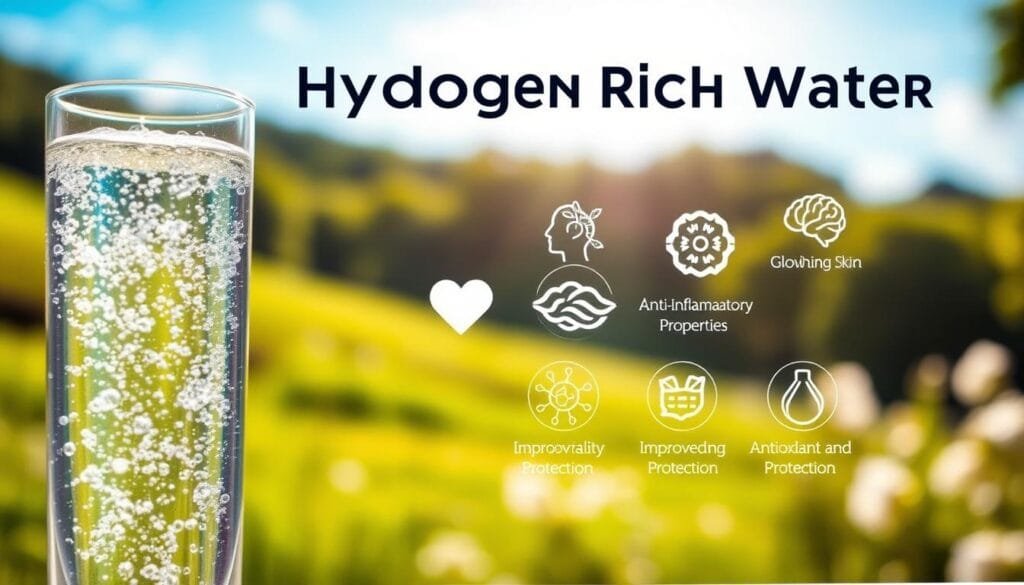 An artistic, high-quality illustration of the health benefits of hydrogen-rich water. In the foreground, a transparent glass of water with visible gas bubbles, creating a shimmering, effervescent effect. The middle ground showcases a variety of natural, vibrant icons representing the key benefits: a healthy heart, glowing skin, anti-inflammatory properties, improved cognitive function, and antioxidant protection. The background has a soft, natural landscape with lush greenery, sunlight, and a serene atmosphere, emphasizing the purity and natural origins of hydrogen-rich water. The image is captured with a shallow depth of field, crisp focus, and warm, natural lighting to convey a sense of wellness and vitality.