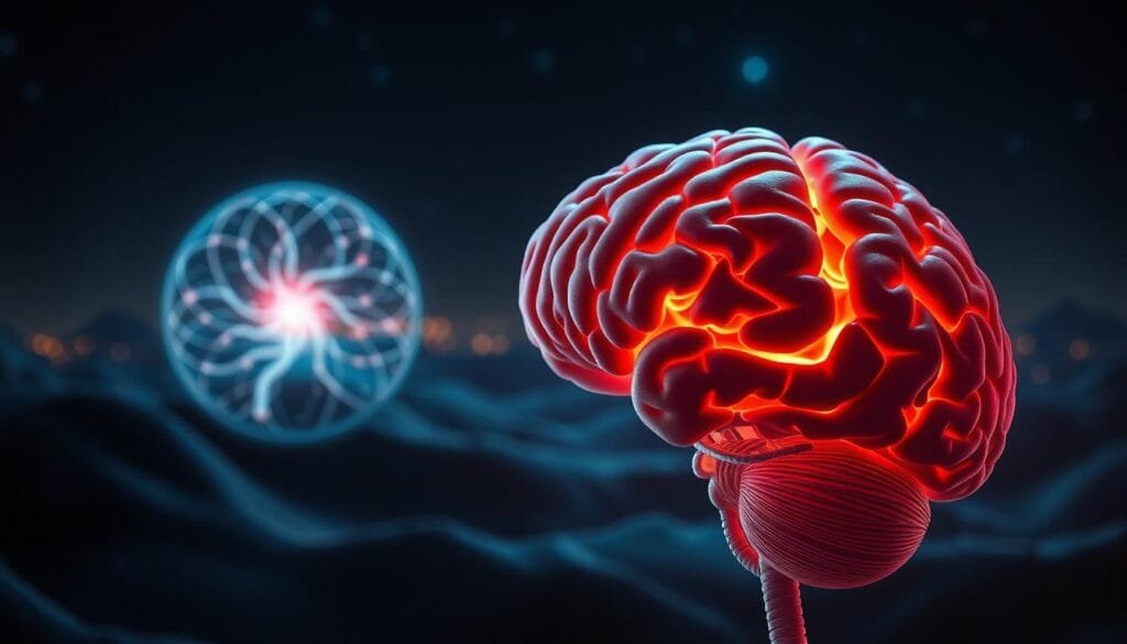 An intricate digital illustration depicting the inner workings of the brain and its connection to sleep regulation. In the foreground, a detailed cross-section of the brain, showcasing the intricate neural pathways and regions responsible for sleep cycles. The middle ground features a holistic representation of the brain's influence on the body's circadian rhythms, with a softly glowing, ethereal quality. In the background, a serene nightscape with subtle hints of the hydrogen water's calming effects, creating an atmosphere of tranquility and rejuvenation. Rendered in a photorealistic style with a sharp focus and high-contrast lighting, highlighting the complexity and importance of the brain's role in sleep regulation.