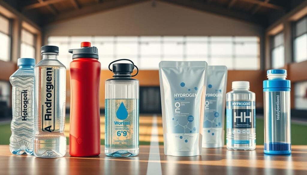 Comparison of hydration methods: a side-by-side visualization of traditional water bottles and hydrogen-infused water containers. In the foreground, meticulously detailed water bottles and sports hydration flasks in various colors and designs. In the middle ground, contrasting hydrogen water pouches and canisters, their molecular structures visible through transparent materials. The background features a blurred gymnasium or training facility, hinting at the athletic context. Warm, natural lighting casts soft shadows, emphasizing the sleek, modern aesthetics of the hydration products. The overall composition conveys a sense of functionality, innovation, and the potential performance benefits of hydrogen-rich hydration.