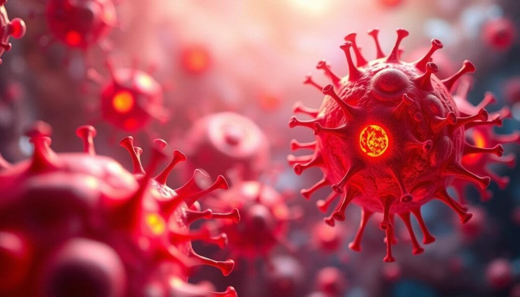 Detailed 3D rendering of healthy human cells in vibrant colors, showcasing their intricate structures and functions. Foreground features mitochondria, nucleus, and other organelles glowing with life. Middle ground depicts cellular communication and metabolic processes. Background suggests a microscopic view, with a crisp, focused depth of field and subtle ambient lighting to enhance the scientific, informative atmosphere. The overall composition conveys the dynamic, interconnected nature of cellular health and the potential benefits of hydrogen water.