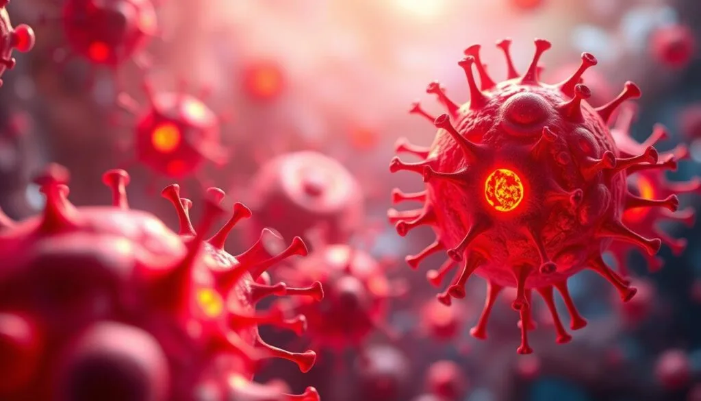 Detailed 3D rendering of healthy human cells in vibrant colors, showcasing their intricate structures and functions. Foreground features mitochondria, nucleus, and other organelles glowing with life. Middle ground depicts cellular communication and metabolic processes. Background suggests a microscopic view, with a crisp, focused depth of field and subtle ambient lighting to enhance the scientific, informative atmosphere. The overall composition conveys the dynamic, interconnected nature of cellular health and the potential benefits of hydrogen water. Detailed 3D rendering of healthy human cells in vibrant colors, showcasing their intricate structures and functions. Foreground features mitochondria, nucleus, and other organelles glowing with life. Middle ground depicts cellular communication and metabolic processes. Background suggests a microscopic view, with a crisp, focused depth of field and subtle ambient lighting to enhance the scientific, informative atmosphere. The overall composition conveys the dynamic, interconnected nature of cellular health and the potential benefits of hydrogen water.