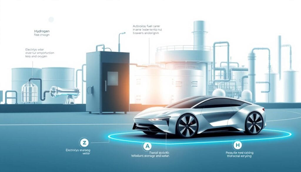 Detailed diagram showcasing a range of hydrogen applications. In the foreground, a sleek hydrogen fuel cell powers a futuristic electric vehicle. In the middle ground, electrolysis equipment separates water into hydrogen and oxygen. In the background, industrial hydrogen storage tanks and a hydrogen production plant. Crisp lighting and a clean, minimalist style evoke the advanced, efficient nature of hydrogen technology. The composition highlights hydrogen's versatility, from transportation to power generation to industrial processes. An informative, technologically-sophisticated visual to accompany the "Applications of Hydrogen" section.