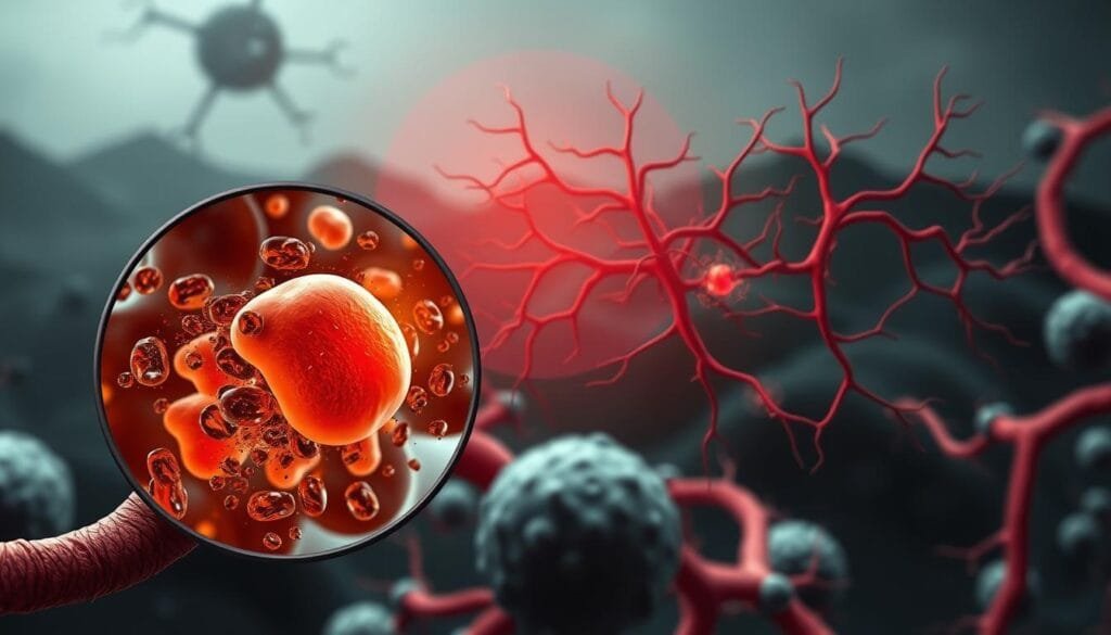 Detailed, high-resolution image depicting the biological mechanisms of oxidative stress and its relation to diabetes. In the foreground, a magnified view of pancreatic beta cells under oxidative duress, with free radicals and reactive oxygen species disrupting cellular functions. In the middle ground, a network of blood vessels illustrating the impact of oxidative stress on the vascular system, leading to diabetic complications. The background features a subtle, textured landscape representing the broader physiological landscape affected by the interplay of oxidative stress and diabetes. Realistic lighting, depth of field, and a somber, contemplative mood convey the seriousness of the subject matter.