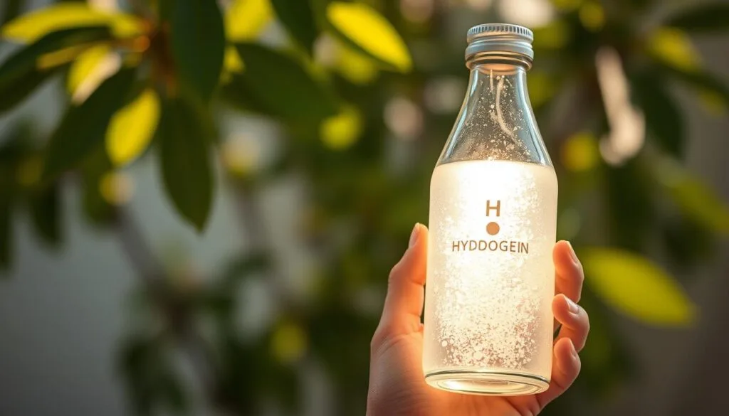 High-quality macro photograph of a hand holding a glass bottle filled with a glowing, effervescent liquid, against a blurred background of green leaves and soft lighting. The bottle has a minimalist, modern design with clean lines and a sleek, metallic cap. The hand is youthful, smooth, and glowing, with a serene expression reflecting the calming, therapeutic nature of the hydrogen water. The overall mood is one of tranquility, wellness, and the promise of rejuvenated, radiant skin.